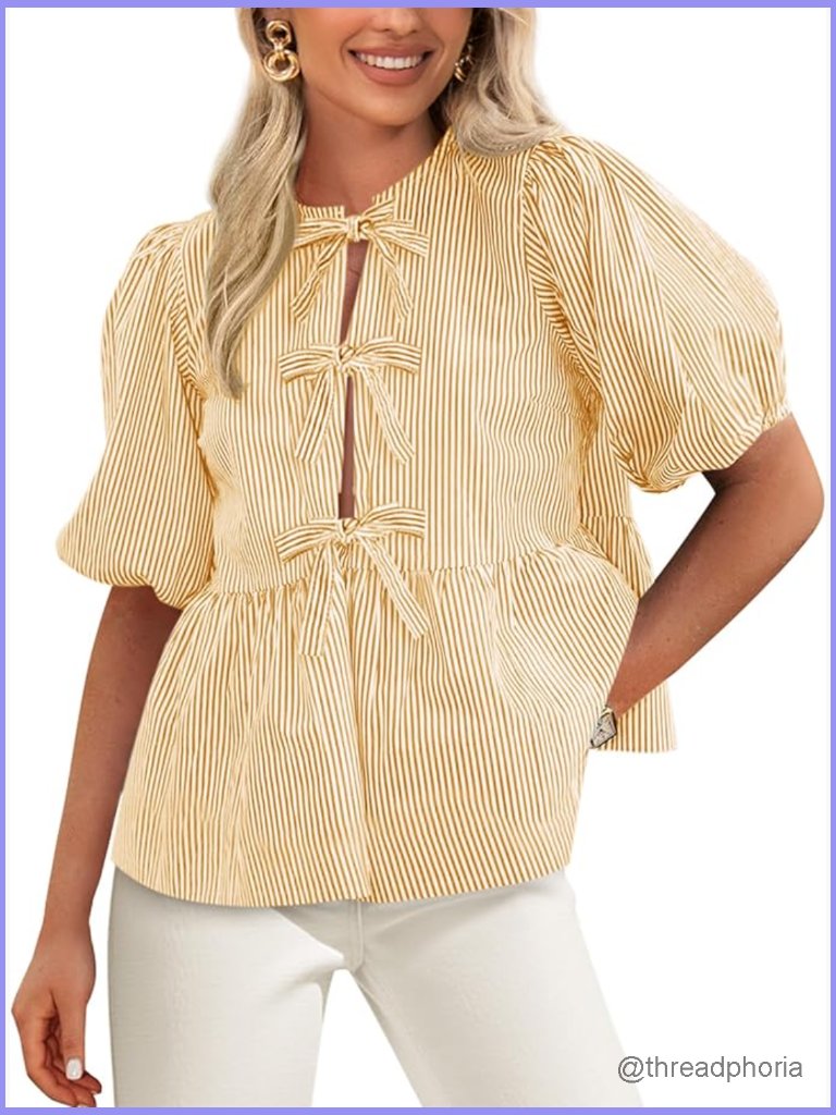 Tie Front Striped Peplum Puffy Sleeve Blouse Babydoll Top